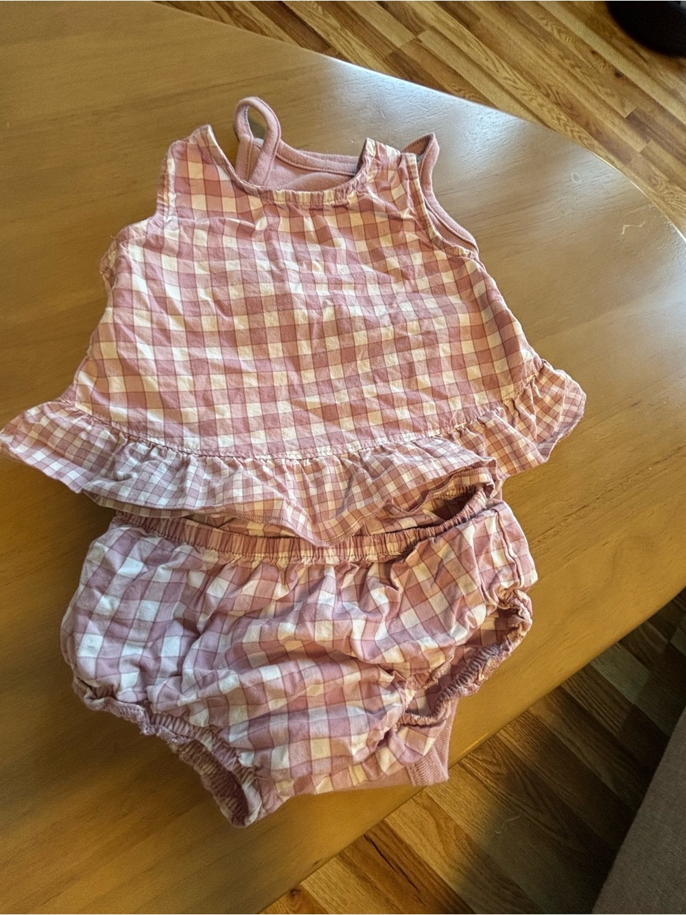 100% Cotton Lilac Gingham Ruffle Cross-back Top, Bird Tank, Bloomer Set